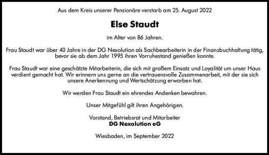 Traueranzeige von Else Staudt von vrm-trauer Wiesbadener Kurier