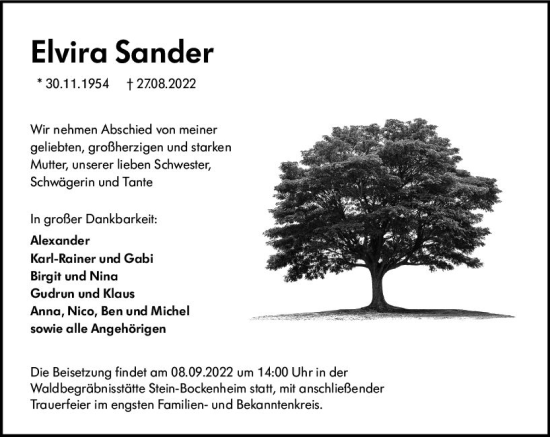 Traueranzeige von Elvira Sander von vrm-trauer Allgemeine Zeitung Alzey
