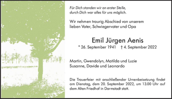 Traueranzeige von Emil Jürgen Aenis von vrm-trauer Darmstädter Echo