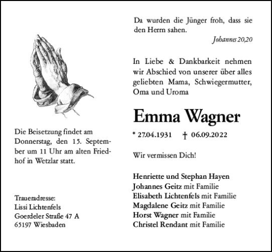 Traueranzeige von Emma Wagner von vrm-trauer Wiesbadener Kurier