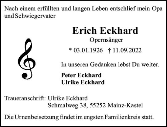 Traueranzeige von Erich Eckhard von vrm-trauer AZ Mainz