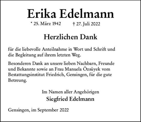Traueranzeige von Erika Edelmann von vrm-trauer Allgemeine  Zeitung Ingelheim-Bingen