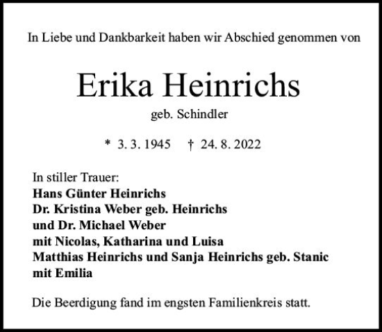 Traueranzeige von Erika Heinrichs von vrm-trauer Darmstädter Echo