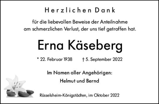 Traueranzeige von Erna Käseberg von vrm-trauer Rüsselsheimer Echo / MainSpitze