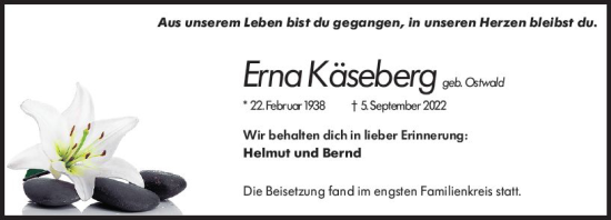 Traueranzeige von Erna Käseberg von vrm-trauer Rüsselsheimer Echo / MainSpitze