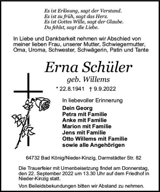 Traueranzeige von Erna Schüler von vrm-trauer Odenwälder Echo