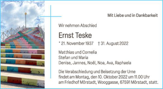 Traueranzeige von Ernst Teske von vrm-trauer Wormser Zeitung