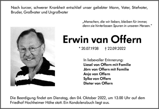Traueranzeige von Erwin van Offern von vrm-trauer Wormser Zeitung