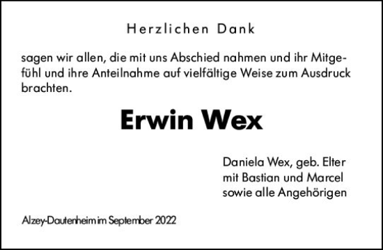 Traueranzeige von Erwin Wex von vrm-trauer Allgemeine Zeitung Alzey