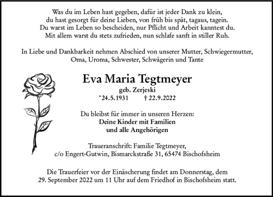 Traueranzeige von Eva Maria Tegtmeyer von vrm-trauer Rüsselsheimer Echo / MainSpitze
