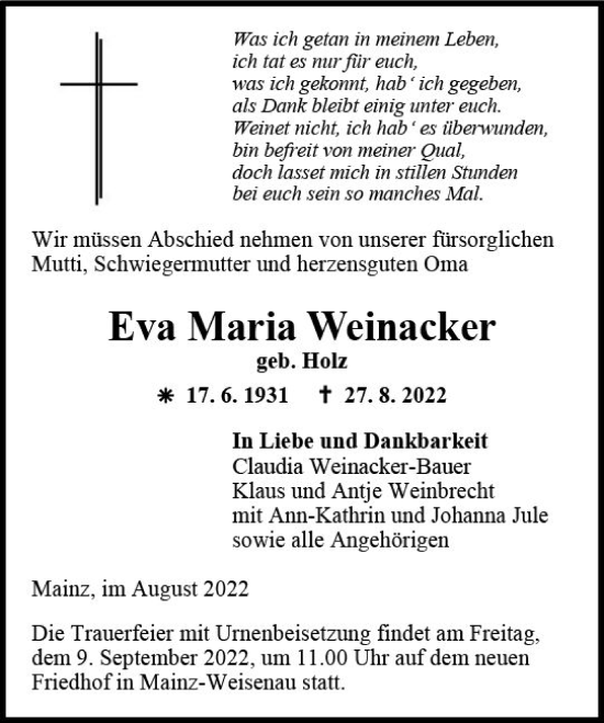 Traueranzeige von Eva Maria Weinacker von vrm-trauer AZ Mainz