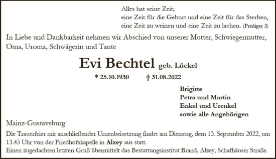 Traueranzeige von Evi Bechtel von vrm-trauer Allgemeine Zeitung Alzey
