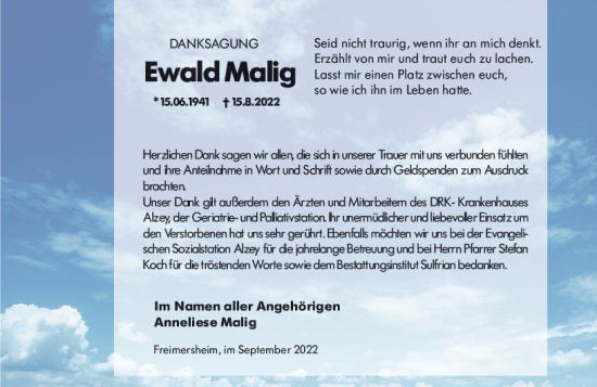 Traueranzeige von Ewald Malig von vrm-trauer Allgemeine Zeitung Alzey
