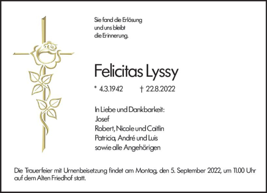 Traueranzeige von Felicitas Lyssy von vrm-trauer Hochheimer Zeitung