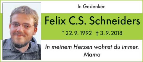 Traueranzeige von Felix C.S. Schneiders von vrm-trauer Wiesbadener Kurier