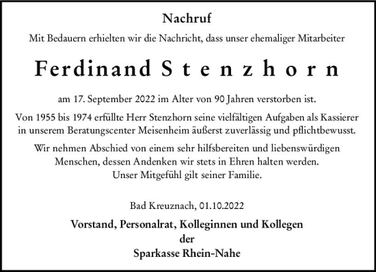 Traueranzeige von Ferdinand Stenzhorn von vrm-trauer Allg. Zeitung Bad Kreuznach