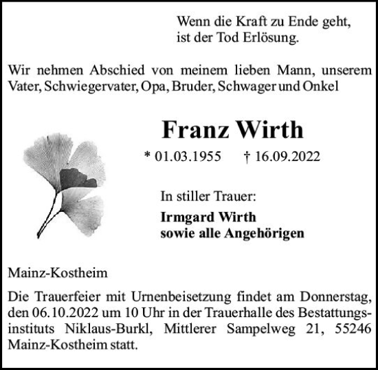 Traueranzeige von Franz Wirth von vrm-trauer AZ Mainz