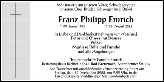 Traueranzeige von Franz Philipp Emrich von vrm-trauer AZ Mainz