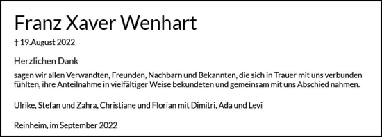 Traueranzeige von Franz Xaver Wenhart von vrm-trauer Darmstädter Echo