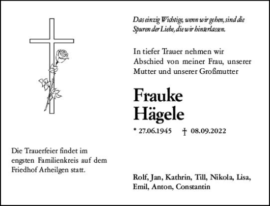 Traueranzeige von Frauke Hägele von vrm-trauer Darmstädter Echo