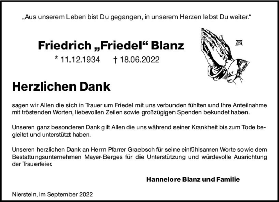 Traueranzeige von Friedrich Blanz von vrm-trauer AZ Mainz