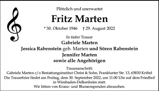 Traueranzeige von Fritz Marten von vrm-trauer Wiesbadener Kurier