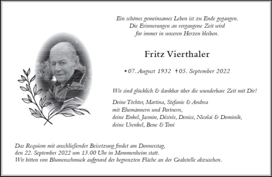 Traueranzeige von Fritz Vierthaler von vrm-trauer AZ Mainz