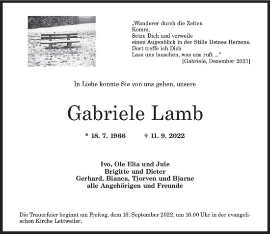 Traueranzeige von Gabriele Lamb von vrm-trauer AZ Mainz