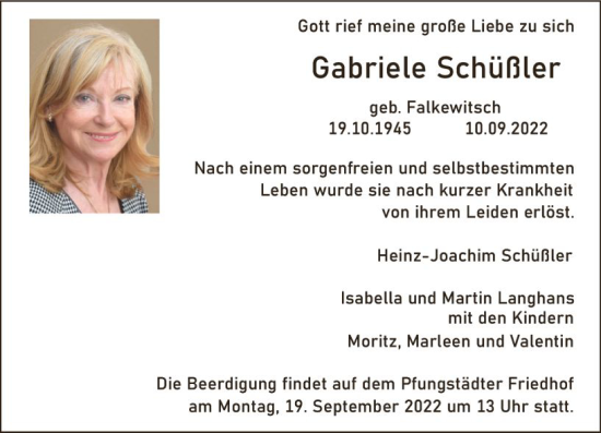 Traueranzeige von Gabriele Schüßler von vrm-trauer Darmstädter Echo