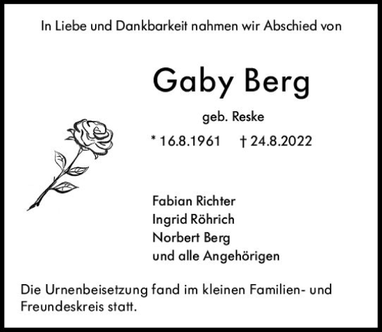 Traueranzeige von Gaby Berg von vrm-trauer Allgemeine  Zeitung Ingelheim-Bingen
