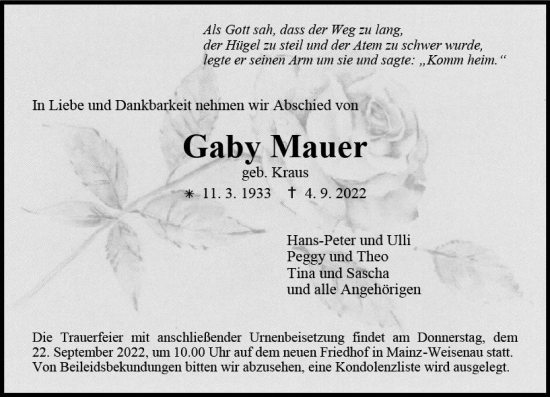 Traueranzeige von Gaby Mauer von vrm-trauer AZ Mainz