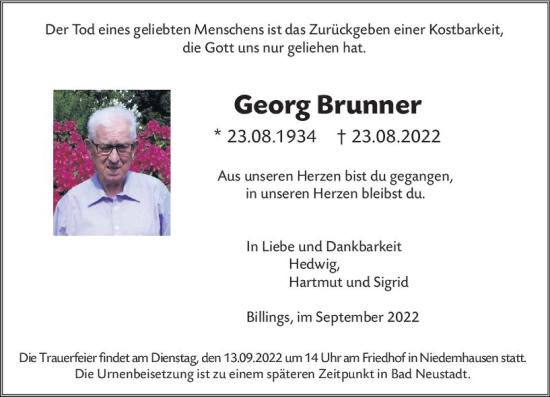 Traueranzeige von Georg Brunner von vrm-trauer Darmstädter Echo