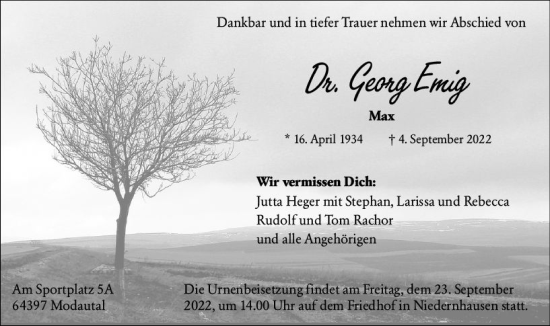 Traueranzeige von Georg Emig von vrm-trauer Darmstädter Echo