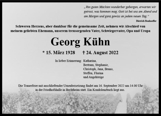 Traueranzeige von Georg Kühn von vrm-trauer Wormser Zeitung