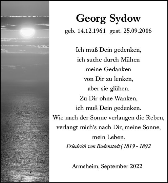 Traueranzeige von Georg Sydow von vrm-trauer Allgemeine Zeitung Alzey