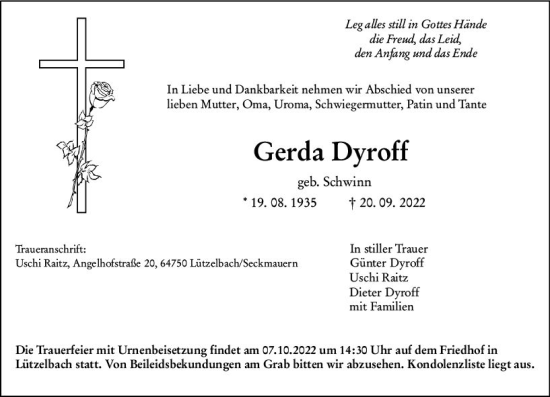 Traueranzeige von Gerda Dyroff von vrm-trauer Odenwälder Echo