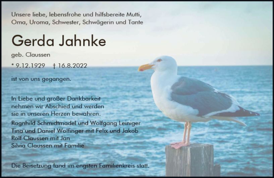 Traueranzeige von Gerda Jahnke von vrm-trauer AZ Mainz