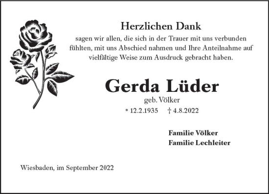 Traueranzeige von Gerda Lüder von vrm-trauer Wiesbadener Kurier