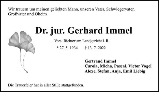 Traueranzeige von Gerhard Immel von vrm-trauer Darmstädter Echo
