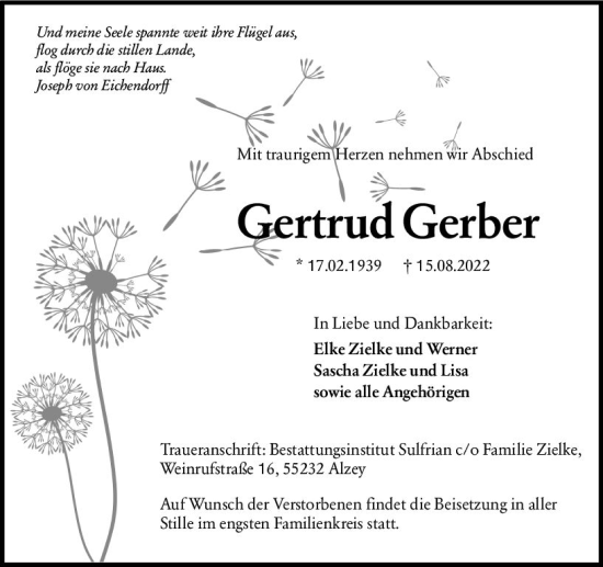 Traueranzeige von Gertrud Gerber von vrm-trauer AZ Mainz