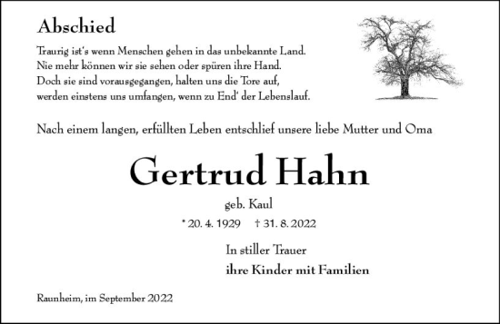 Traueranzeige von Gertrud Hahn von vrm-trauer Rüsselsheimer Echo / MainSpitze