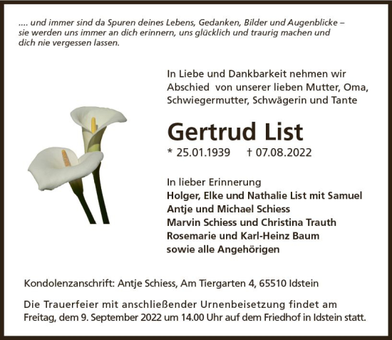 Traueranzeige von Gertrud List von vrm-trauer Idsteiner Zeitung
