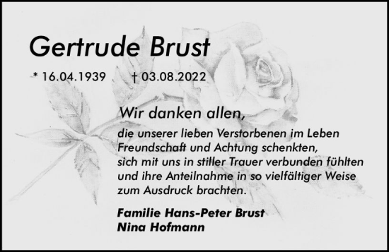 Traueranzeige von Gertrude Brust von vrm-trauer Allgemeine  Zeitung Ingelheim-Bingen