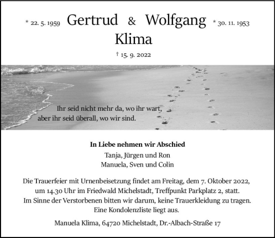 Traueranzeige von Getrud Klima von vrm-trauer Odenwälder Echo