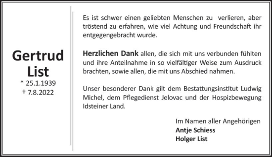 Traueranzeige von Getrud List von vrm-trauer Idsteiner Zeitung