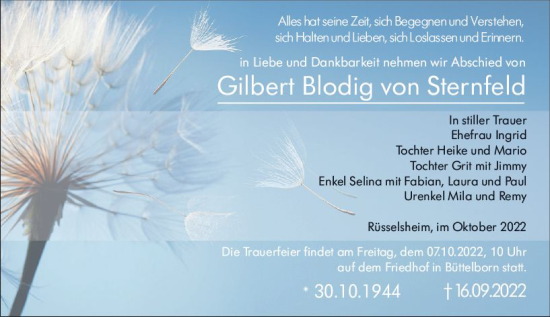Traueranzeige von Gilbert Blodig von Sternfeld von vrm-trauer Rüsselsheimer Echo / MainSpitze