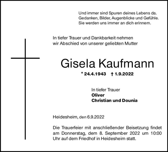Traueranzeige von Gisela Kaufmann von vrm-trauer Allgemeine  Zeitung Ingelheim-Bingen