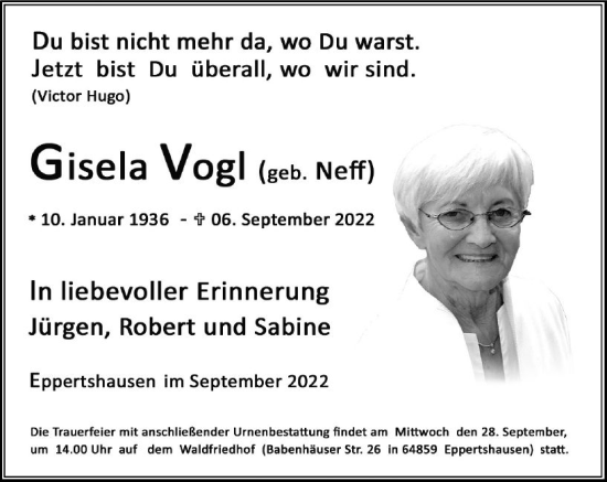 Traueranzeige von Gisela Vogl von vrm-trauer Darmstädter Echo