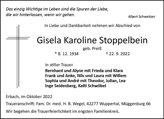 Traueranzeige von Gisela Karoline Stoppelbein von vrm-trauer Odenwälder Echo