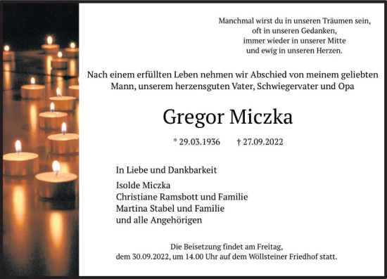 Traueranzeige von Gregor Miczka von vrm-trauer Allgemeine Zeitung Alzey